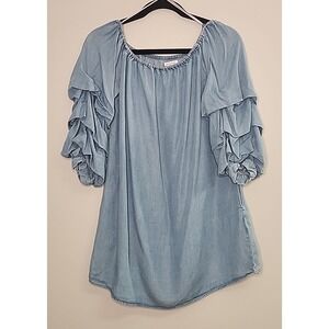 Zara Womens Med Off The Shoulder Chambray Dress With Tiered Ruffle Puff Sleeves